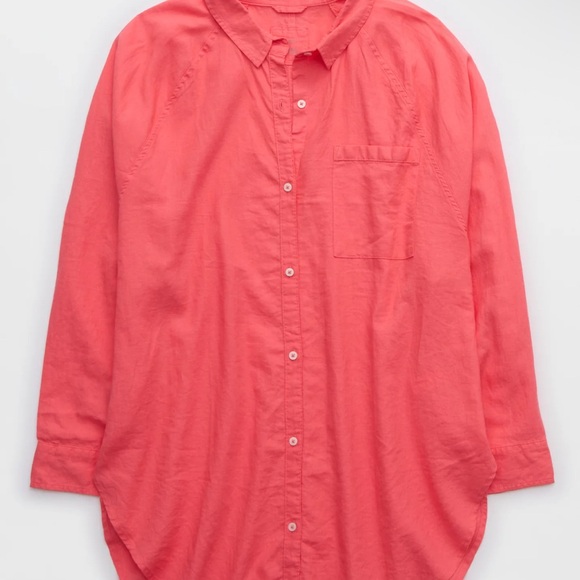 Never Worn Aerie Linen Blend Coverup Shirt Haute Coral Size Large - Picture 4 of 8